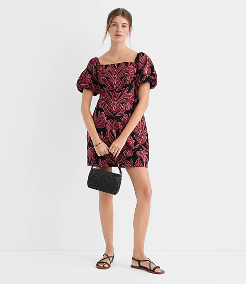 Floral Linen Cotton Puff Sleeve Mini Pocket Dress