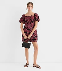 Floral Linen Cotton Puff Sleeve Mini Pocket Dress
