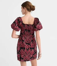 Floral Linen Cotton Puff Sleeve Mini Pocket Dress