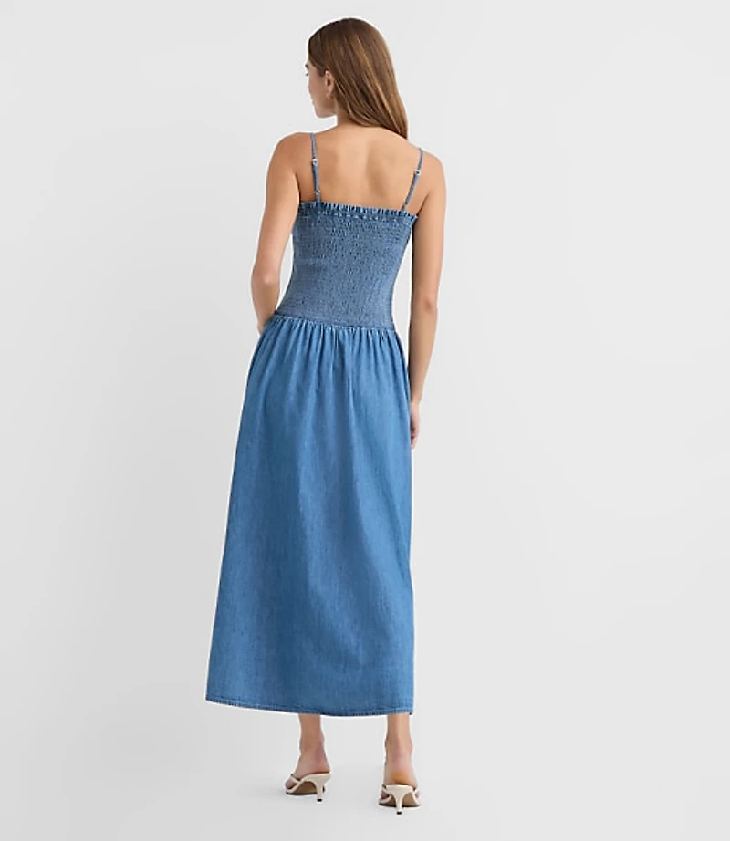 Petite Chambray Smocked Strappy Midi Pocket Dress
