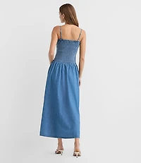 Petite Chambray Smocked Strappy Midi Pocket Dress