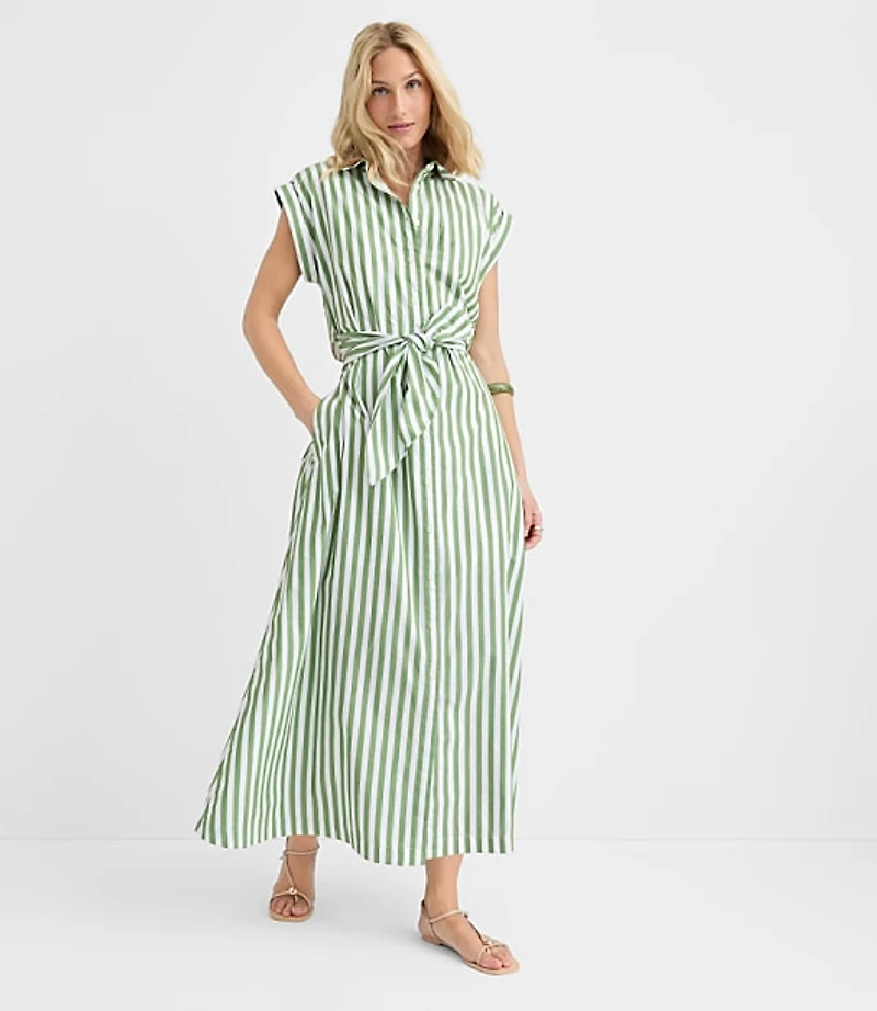 Petite Striped Poplin Cutout Back Midi Pocket Dress