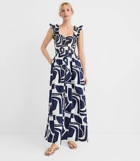 Petite LOFT Beach Geo Poplin Ruffle Strap Maxi Pocket Dress