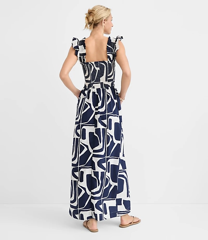 Petite LOFT Beach Geo Poplin Ruffle Strap Maxi Pocket Dress
