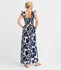 Petite LOFT Beach Geo Poplin Ruffle Strap Maxi Pocket Dress