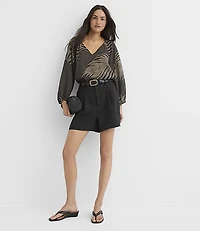 Petite Palm Pleated V-Neck Blouse