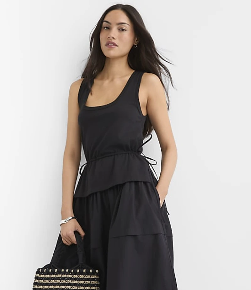Petite Side Tie Mixed Media Midi Pocket Dress