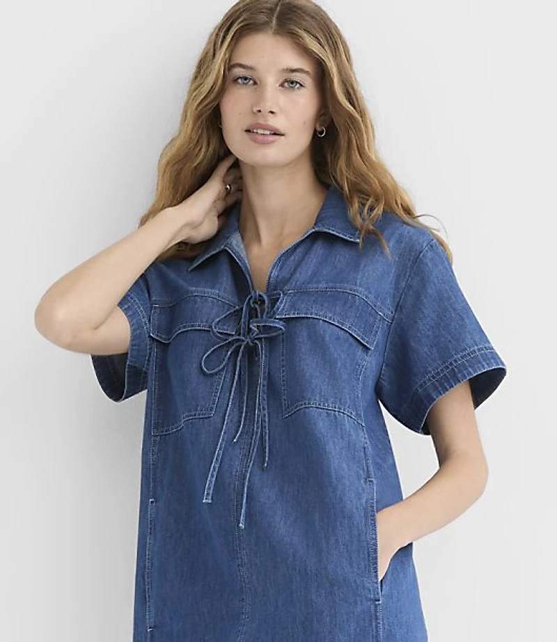 Chambray Bow Mini Pocket Dress