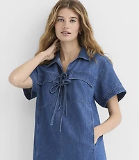 Chambray Bow Mini Pocket Dress