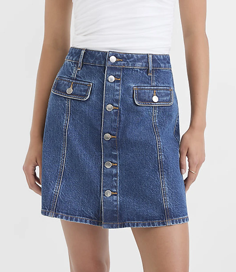Rivete Button Denim Mini Pocket Skirt Classic Indigo Wash