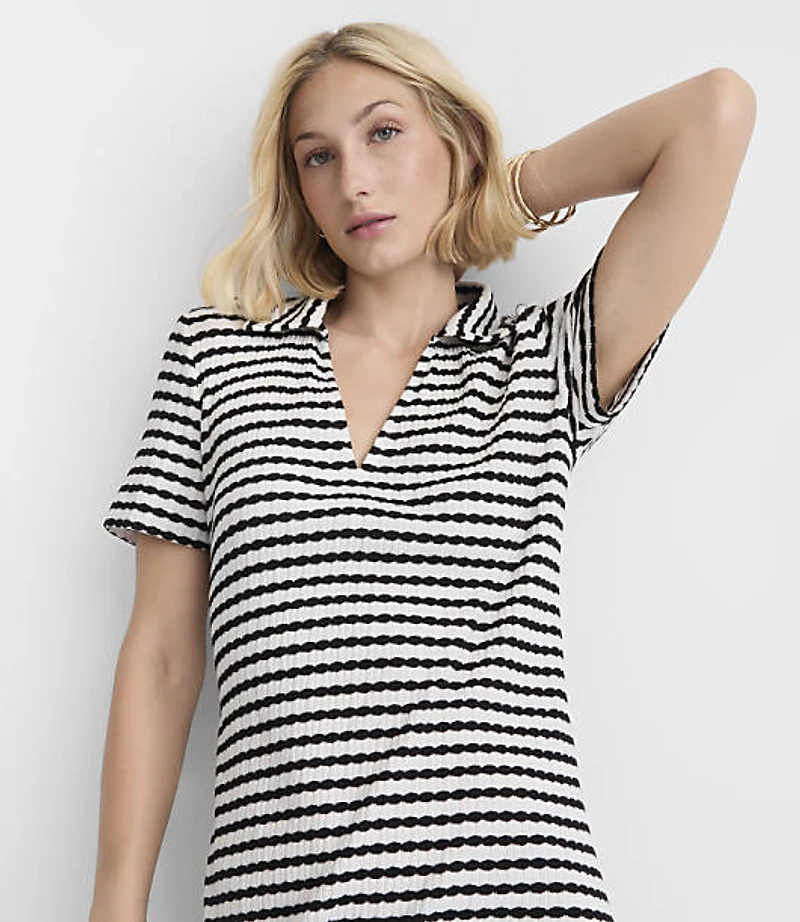 Petite Striped Pointelle Collared Midi Dress