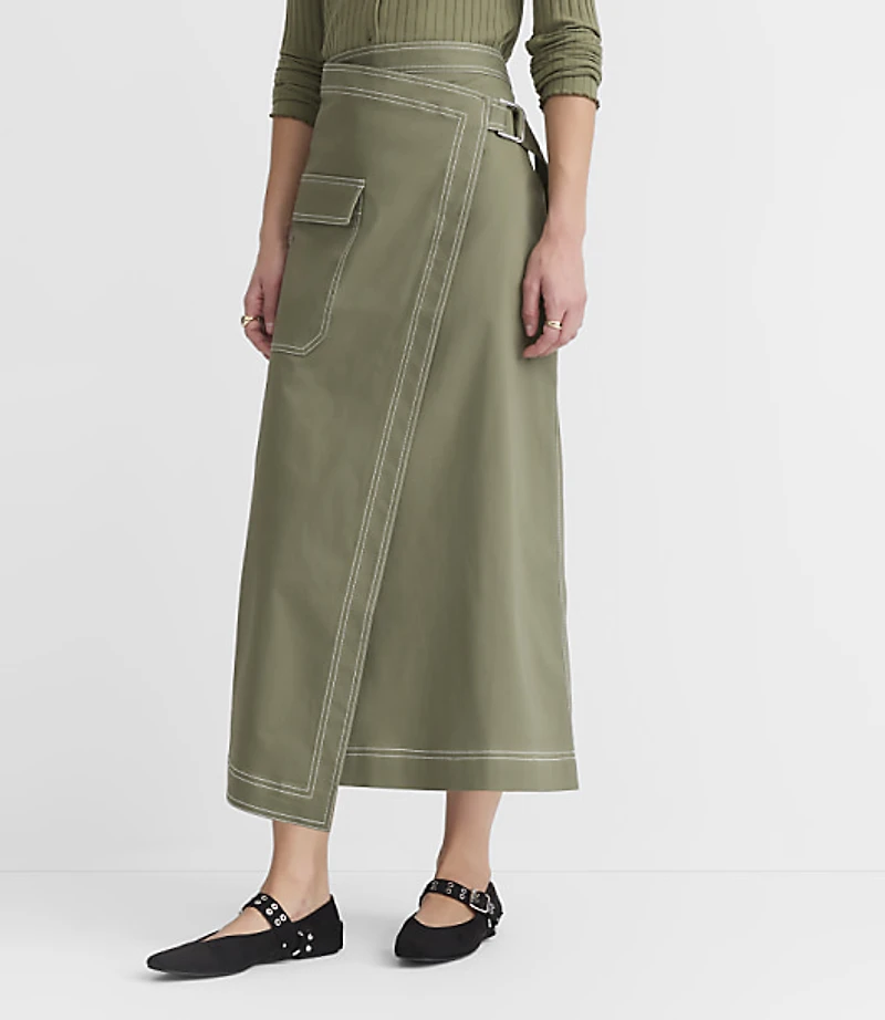 Tall Topstitched Midi Pocket Wrap Skirt