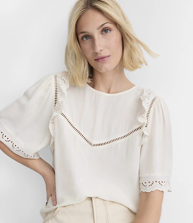 Petite Cutout Eyelet Ruffle Blouse