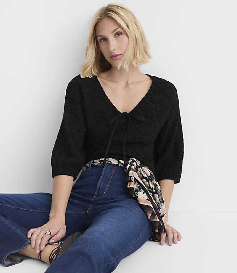 Petite Crinkle Cinched Tie Neck Top