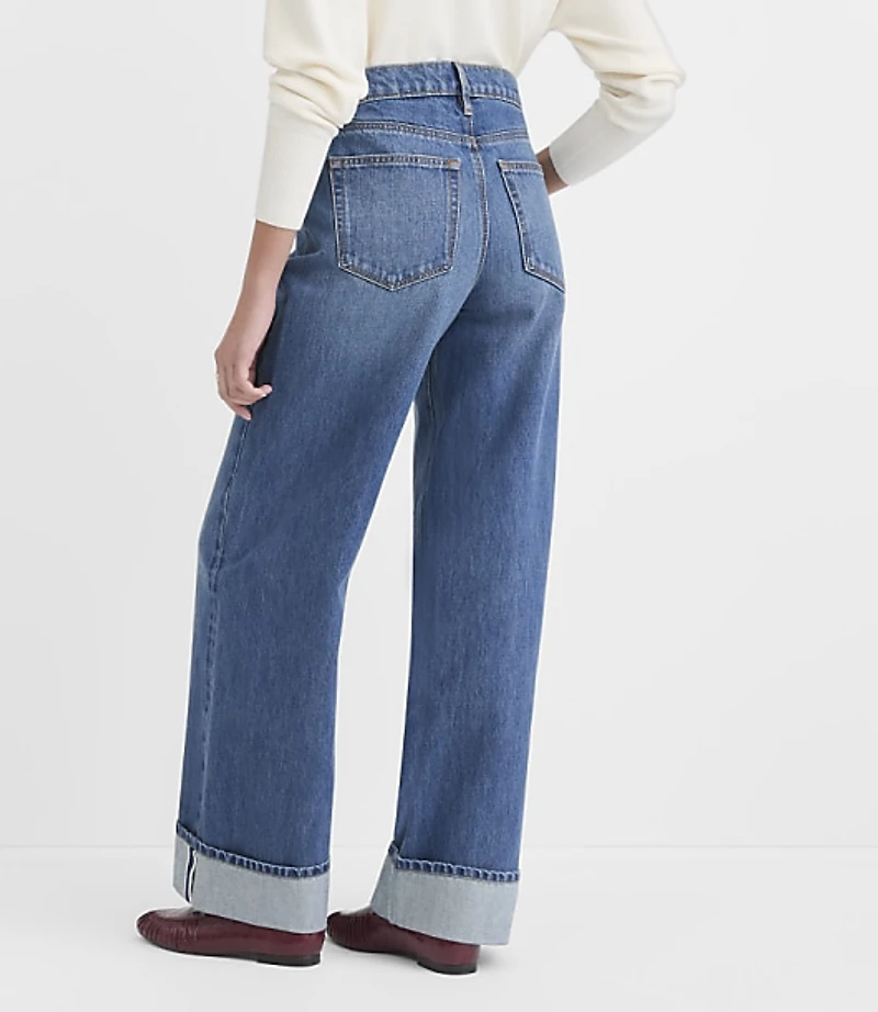 Rivete Selvedge Curvy Cuffed High Rise Wide Leg Jeans Medium Stone Wash