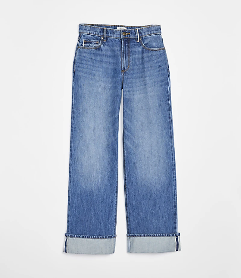 Rivete Selvedge Curvy Cuffed High Rise Wide Leg Jeans Medium Stone Wash