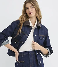 Petite Faux Leather Trim Denim Jacket Classic Rinse Wash