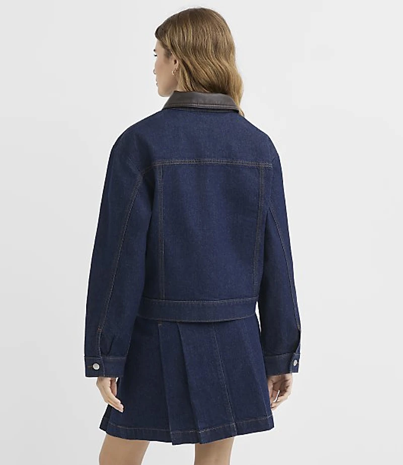 Petite Faux Leather Trim Denim Jacket Classic Rinse Wash