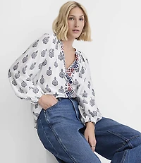 Petite Border Paisley Shirred Split Neck Blouse