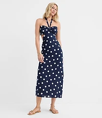 Petite LOFT Beach Polka Dot Linen Cotton Cutout Halter Maxi Dress