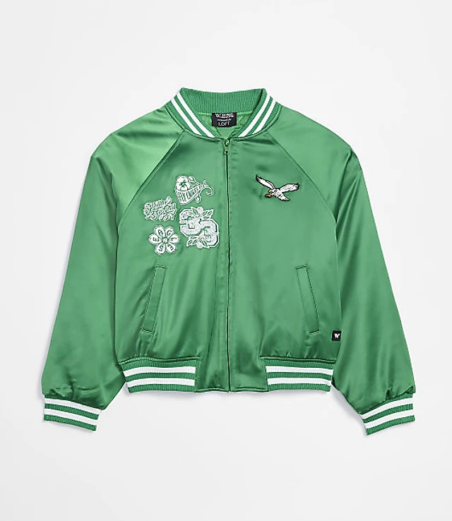 The Wild Collective Philadelphia Eagles Unisex Satin Raglan Bomber Jacket