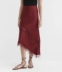 Lace Trim Satin Asymmetrical Midi Skirt
