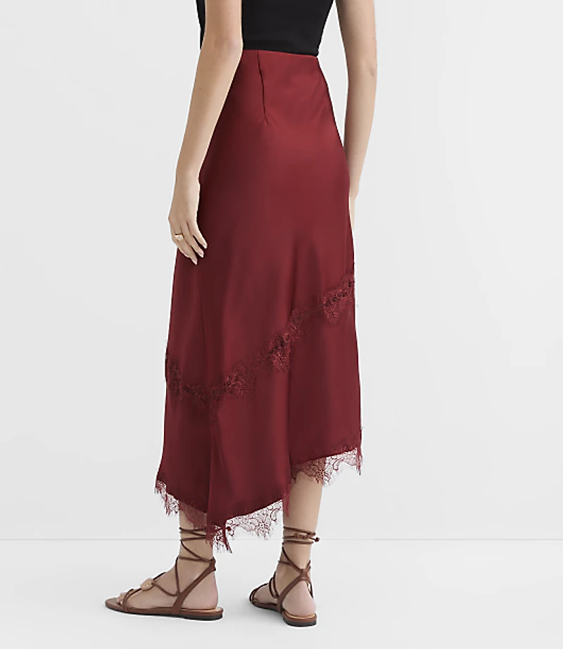 Lace Trim Satin Asymmetrical Midi Skirt