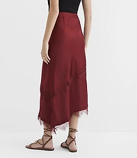 Lace Trim Satin Asymmetrical Midi Skirt
