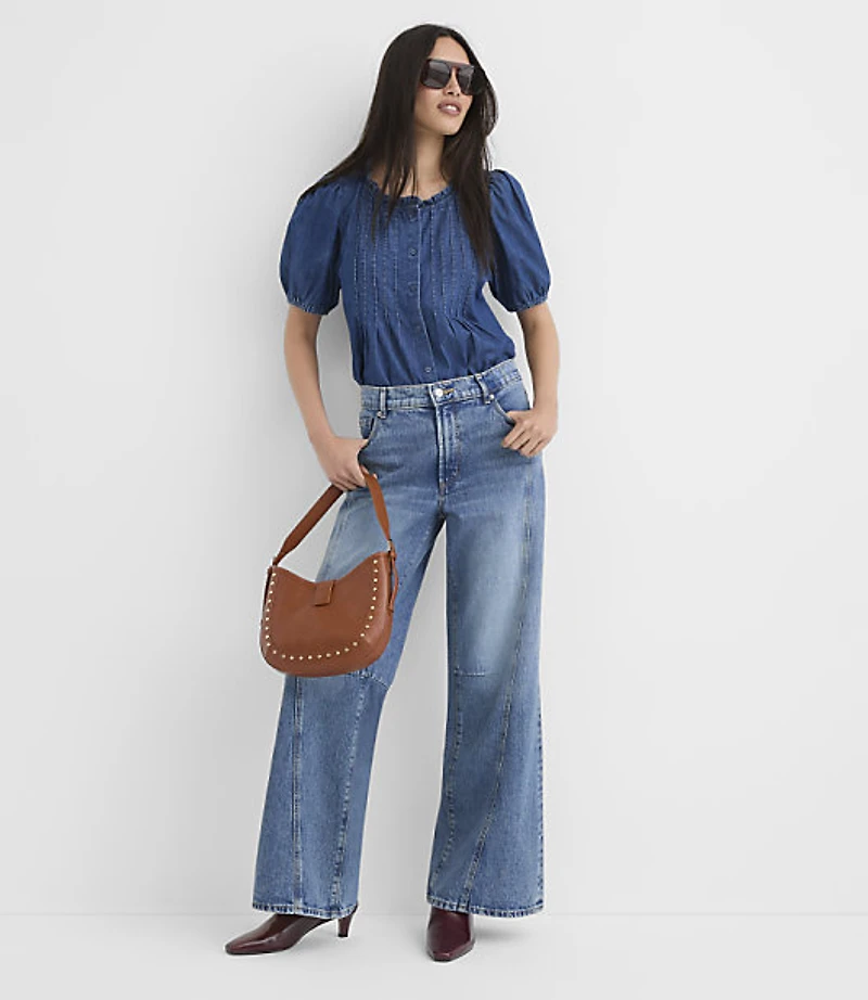 Petite Chambray Pintucked Puff Sleeve Blouse