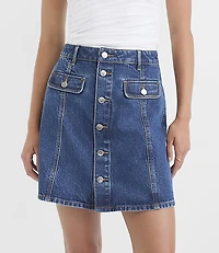 Petite Rivete Button Denim Mini Pocket Skirt Classic Indigo Wash