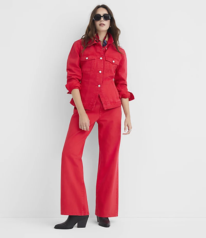 Belted Back Seamed Denim Jacket Tango Red