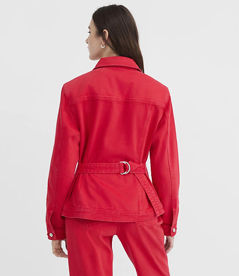 Belted Back Seamed Denim Jacket Tango Red