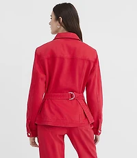 Belted Back Seamed Denim Jacket Tango Red