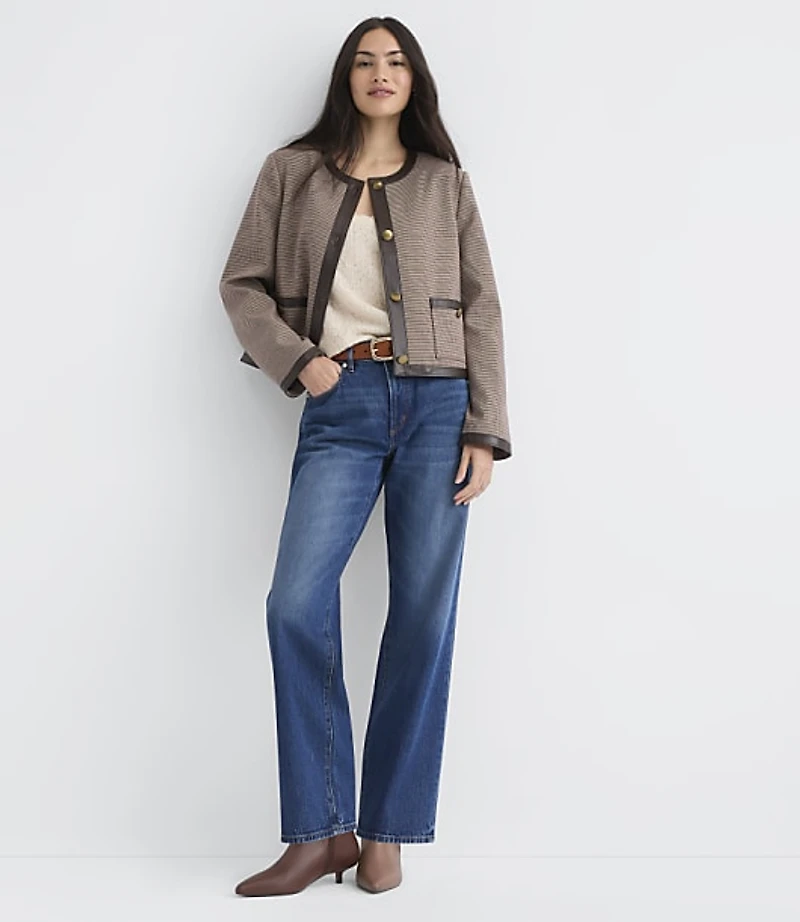 Faux Leather Trim Houndstooth Collarless Jacket