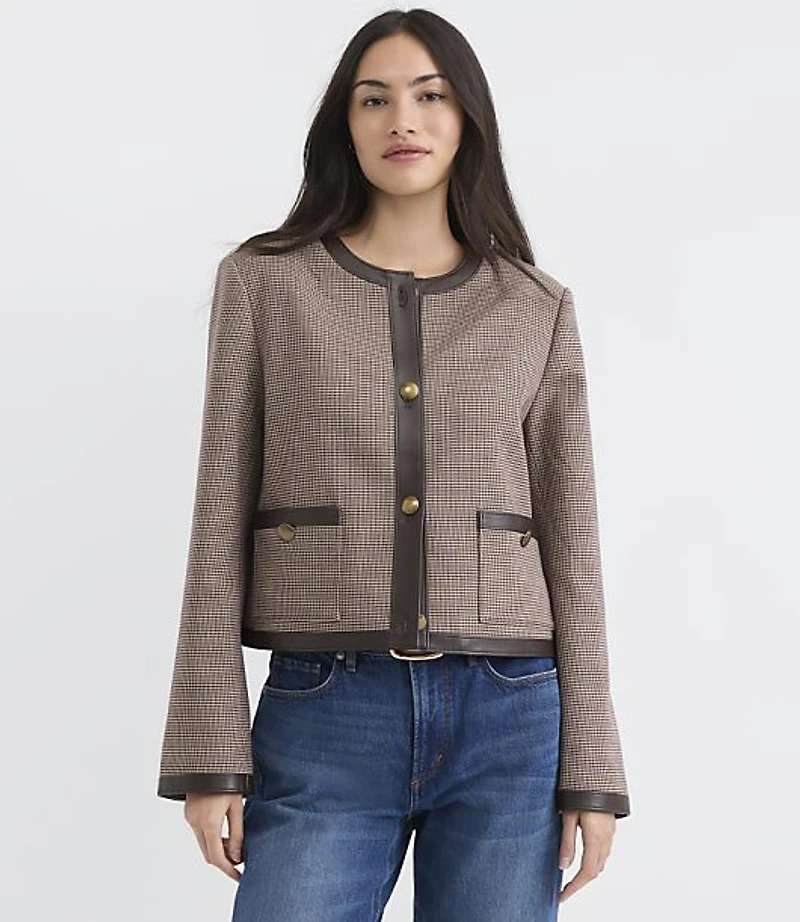 Faux Leather Trim Houndstooth Collarless Jacket