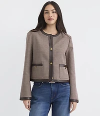 Faux Leather Trim Houndstooth Collarless Jacket