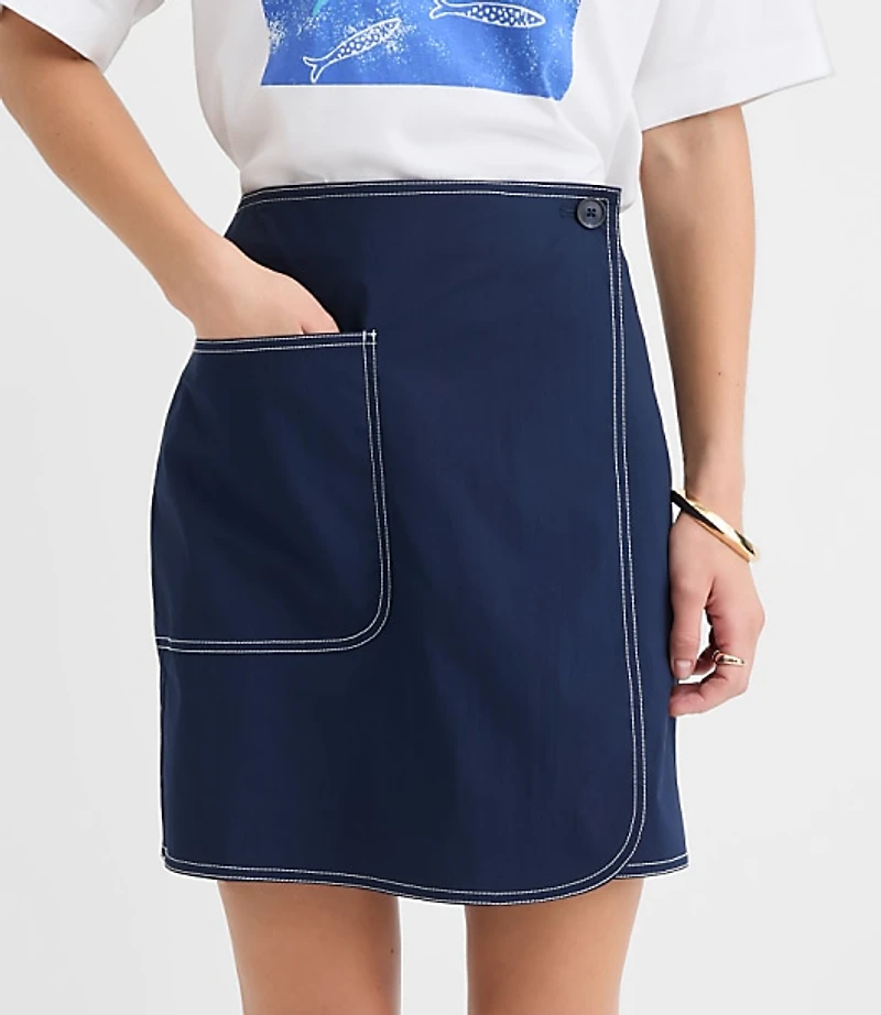 Topstitched Mini Wrap Pocket Skirt