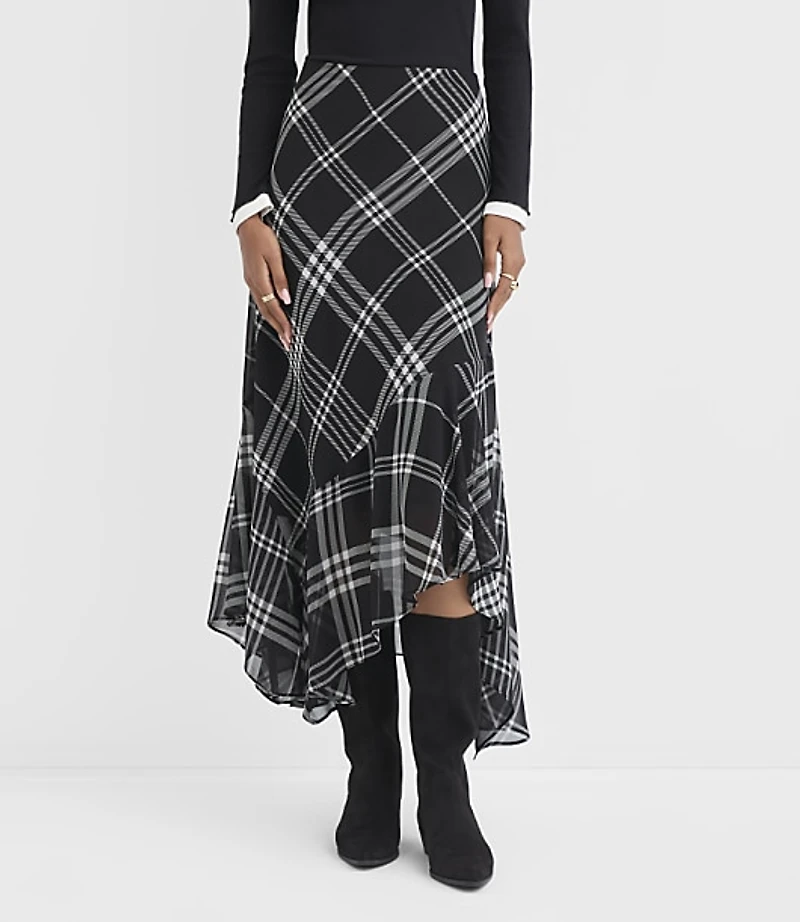 Plaid Scarf Hem Midi Skirt