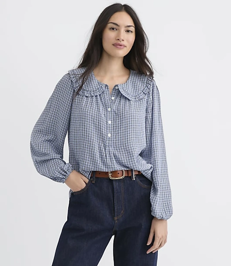 Plaid Ruffle Collar Shirred Henley Blouse