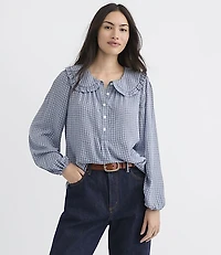Plaid Ruffle Collar Shirred Henley Blouse