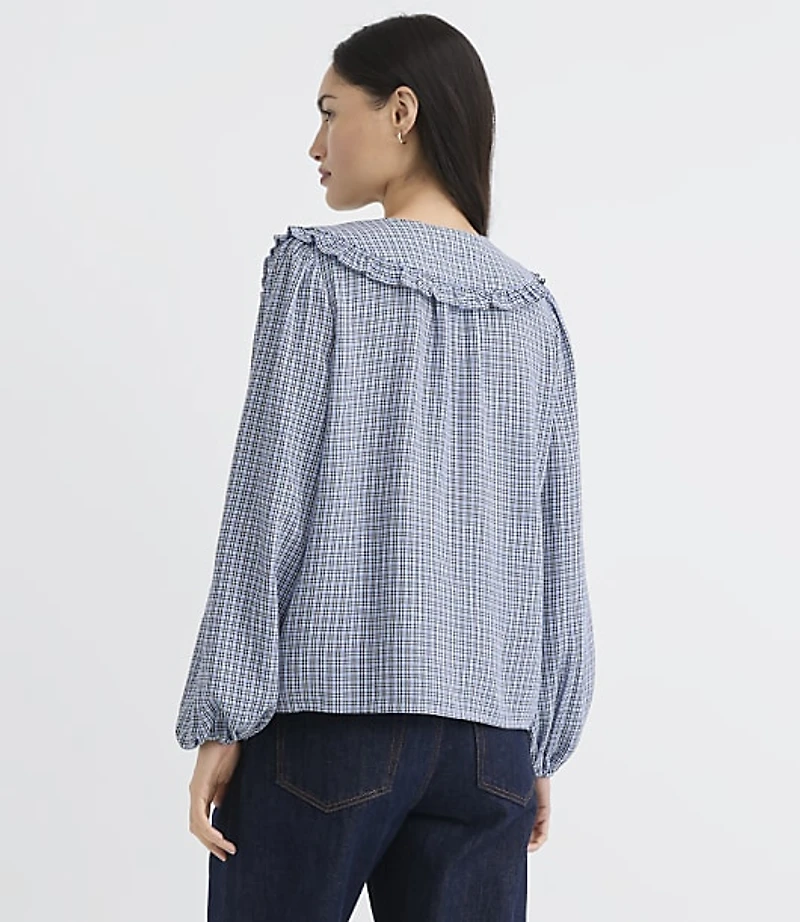 Plaid Ruffle Collar Shirred Henley Blouse
