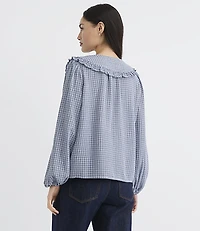 Plaid Ruffle Collar Shirred Henley Blouse