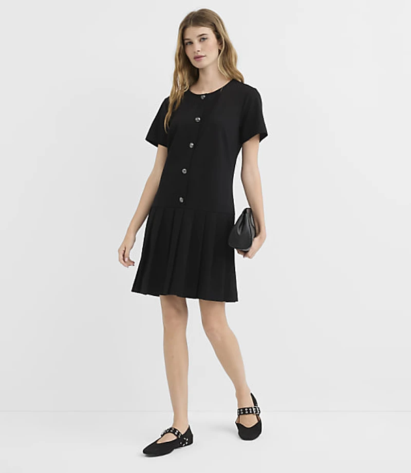 Petite Ponte Button Pleated Mini Flounce Dress