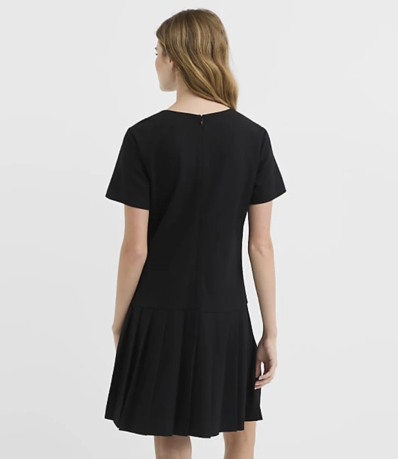 Petite Ponte Button Pleated Mini Flounce Dress