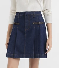 Petite Faux Leather Buckle Pleated Denim Mini Skirt Classic Rinse Wash