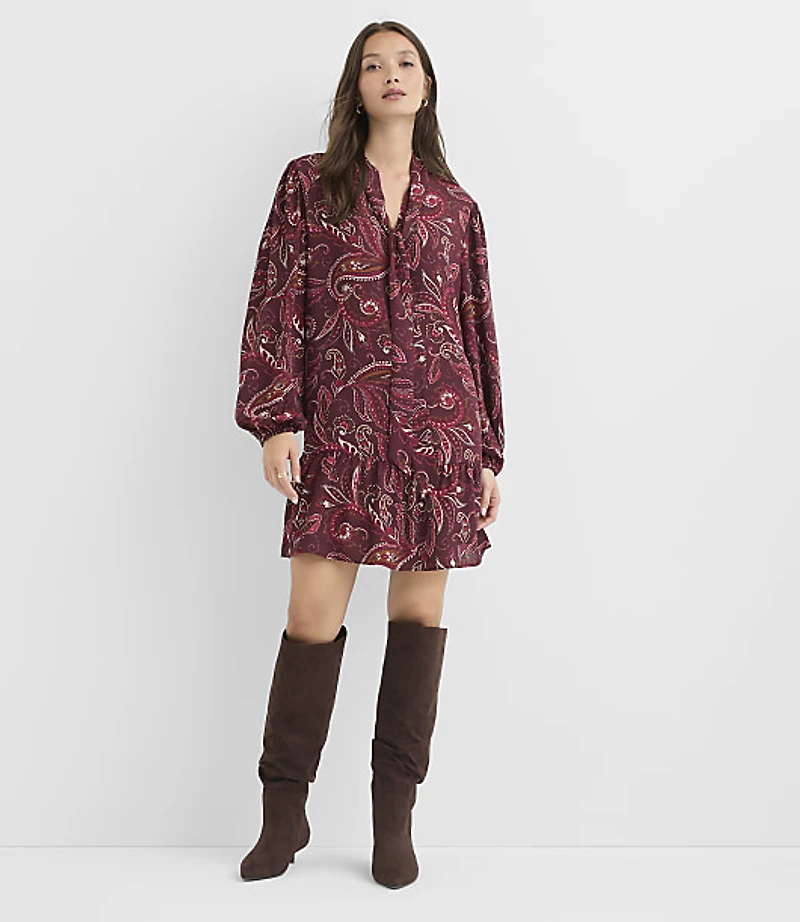 Petite Paisley Tie Neck Mini Flounce Dress