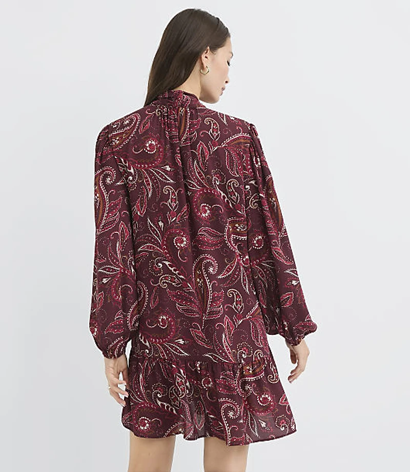Petite Paisley Tie Neck Mini Flounce Dress