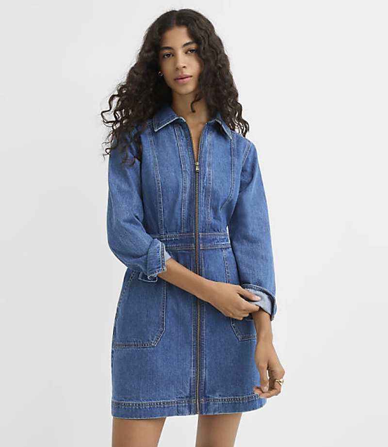 Seamed Denim Zip Mini Pocket Dress Medium Blue Wash