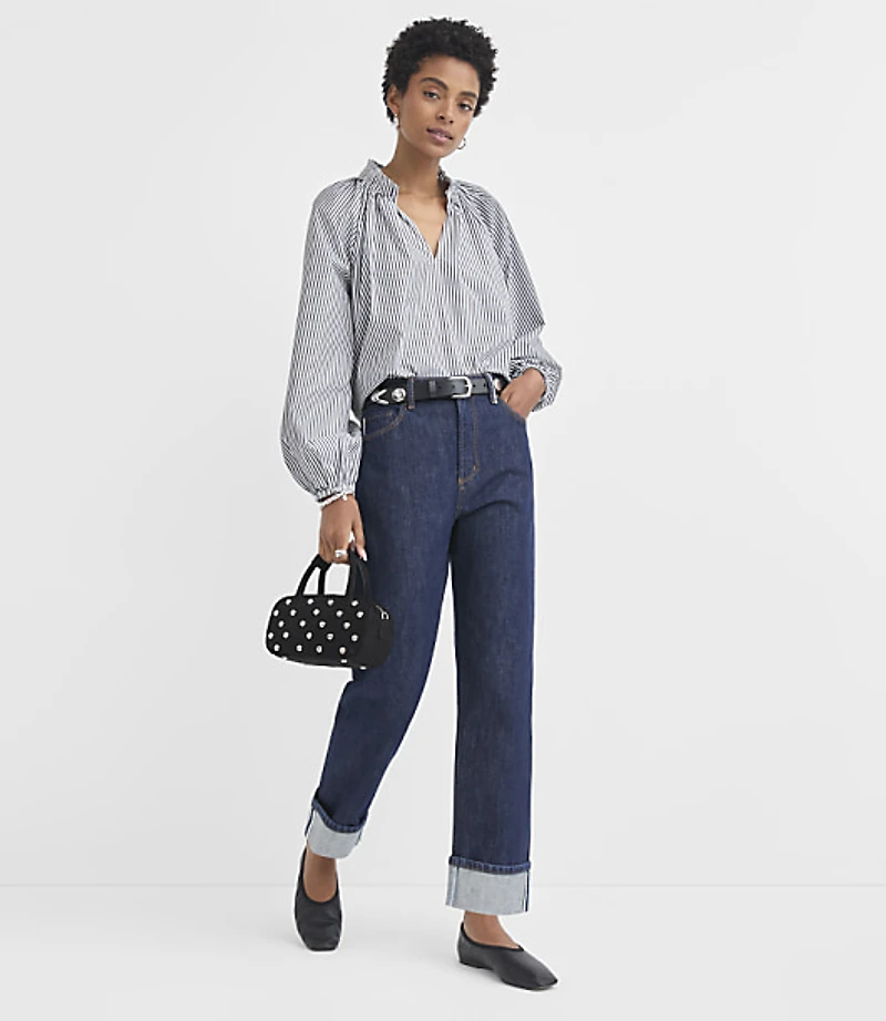 Stripe Poplin Pleated Ruffle Split Neck Blouse