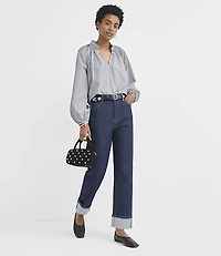 Stripe Poplin Pleated Ruffle Split Neck Blouse